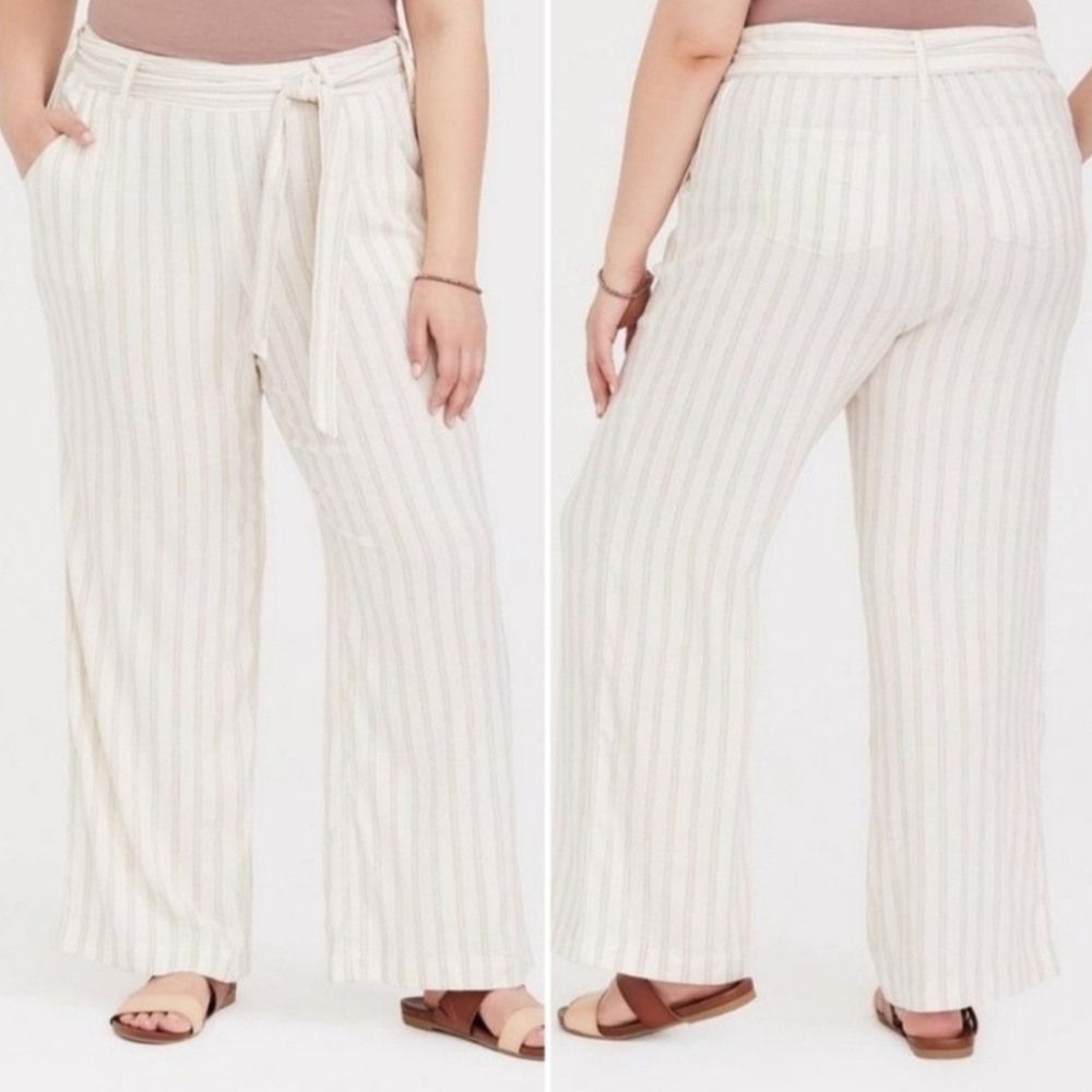 Torrid Cream & Tan Linen Blend Wideleg pants with Ribbon Style Belt size 20
